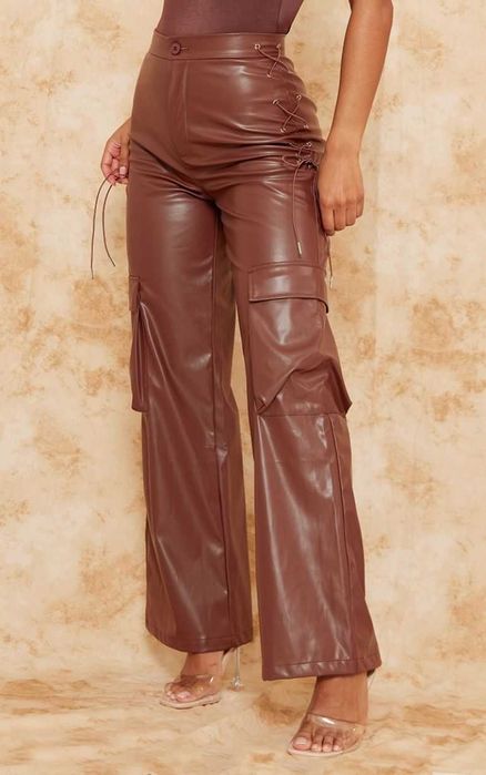 Шоколадні шкіряні штани карго на шнурівці