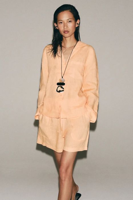 Лляний костюм zara, костюм з сорочкою і шортами з льону zara