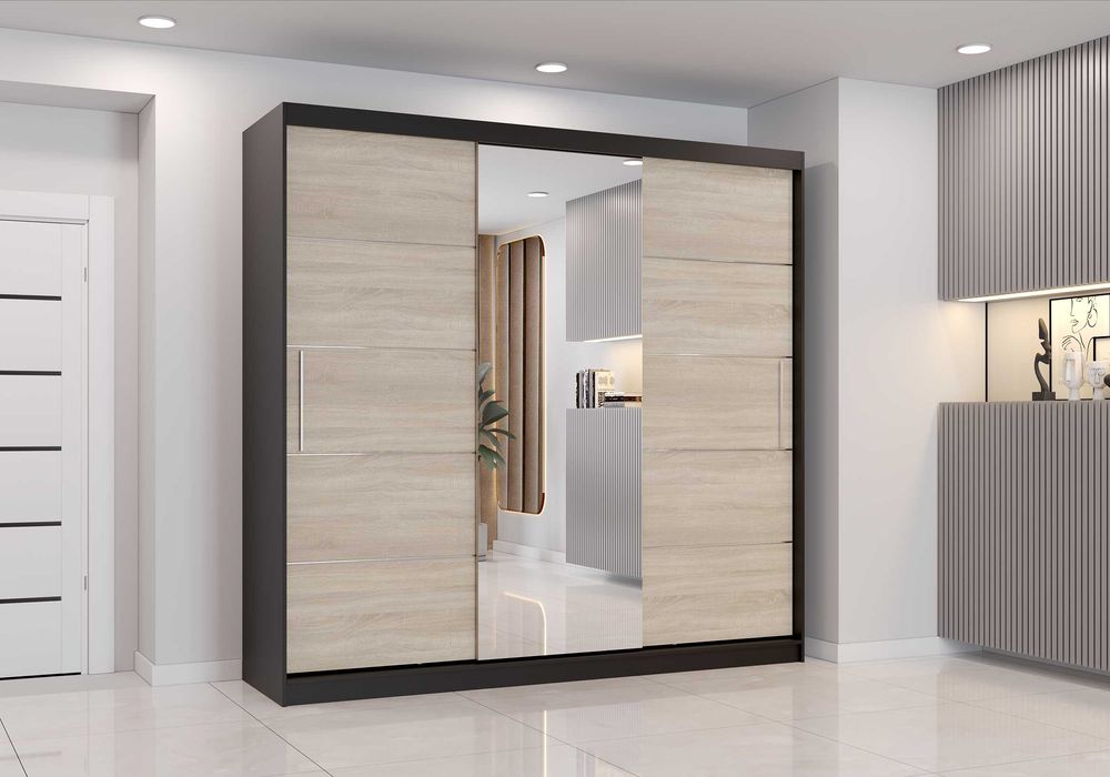 Duża szafa ASTRA 230cm przesuwna z lustrem 3 drzwiowa biała grafit