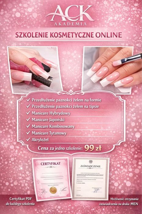 Kurs stylizacji paznokci:żel na formie, tytan, polygel, hybryda ONLINE