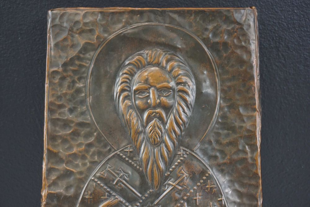 Stara ikona repusowana Jezus Chrystus Pantokrator metaloplastyka