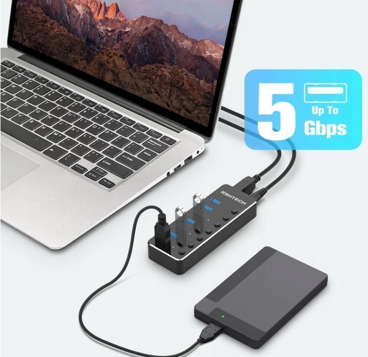 RSHTECH Hub USB 3.0 z 10W Zasilacz Aluminiowy 7 portów USB POWYSTAWOWY