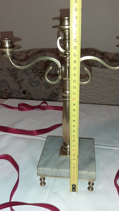 Kandelabr trójramienny / świecznik trójramienny mosiądz z marmurową po