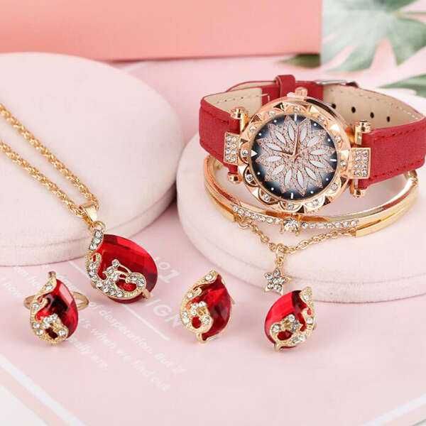 Conjunto de Luxo: Relógio, Colar, Anel e Brincos banhado a ouro