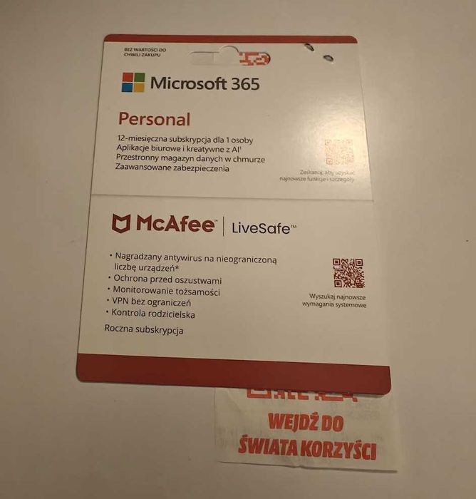Microsoft 365 Personal + McAfee LiveSafe 1 rok BOX klucz NOWY nieaktywowany