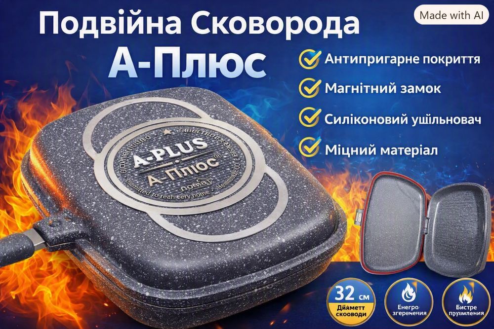 Двостороння сковорода-гриль A-PLUS / Подвійна сковорода A-Плюс — антипригарна, з магнітним замком гриль / Сковорода гриль