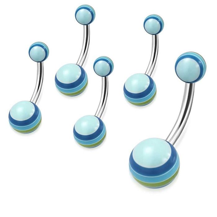 Kolczyk do pępka stal chirurgiczna akryl kulki niebieskie paski P147