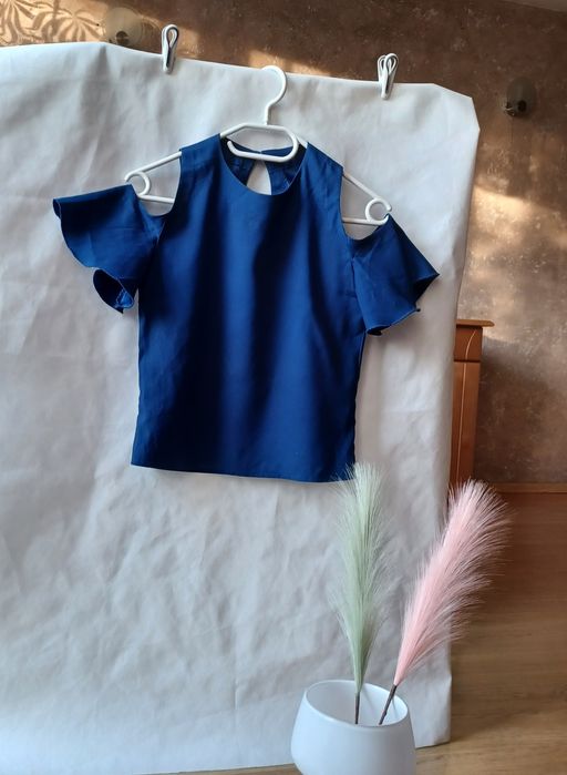 Piękna elegancka bluzka granatowa chabrowa XS 34 rękawy bufiaste hit