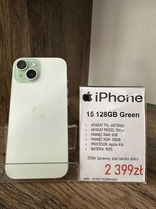 Smartfon Telefon Apple iPhone 15 128GB Green stan bdb gwarancja
