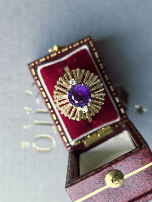 R.13 Retro Pierścionek 4.48g Diamenty Złoto 585 Ametyst WYCENA 3300 zł
