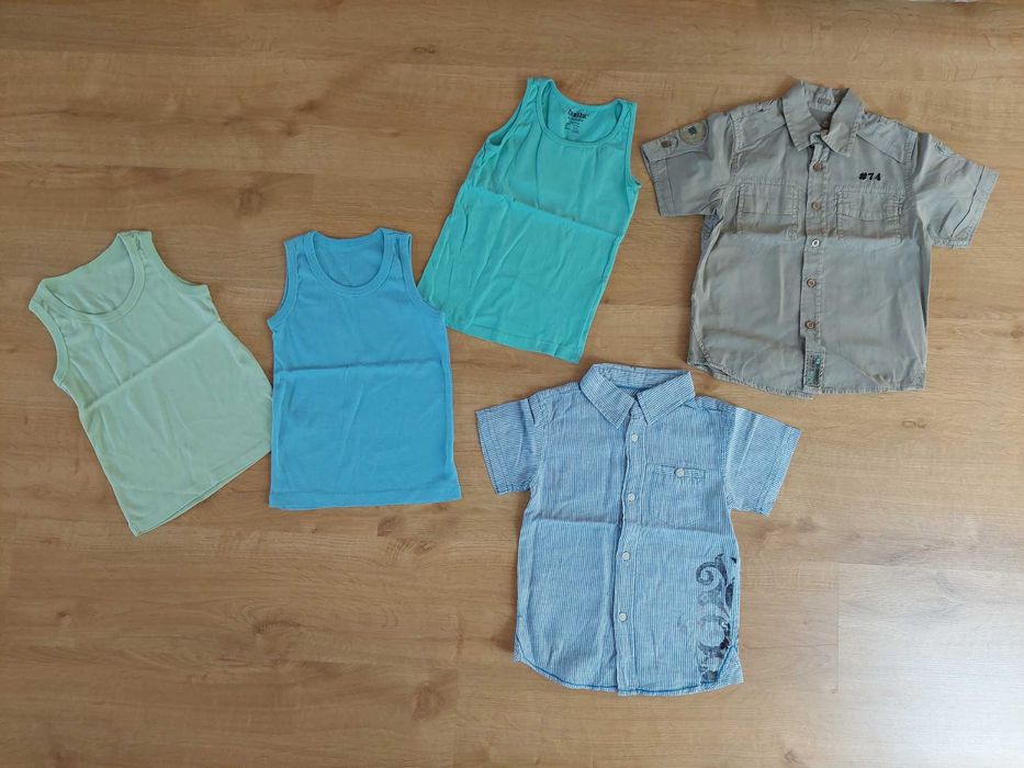 Zestaw 5 ubrań, r. 110-116, koszulki bezrękawniki, koszule + gratisy
