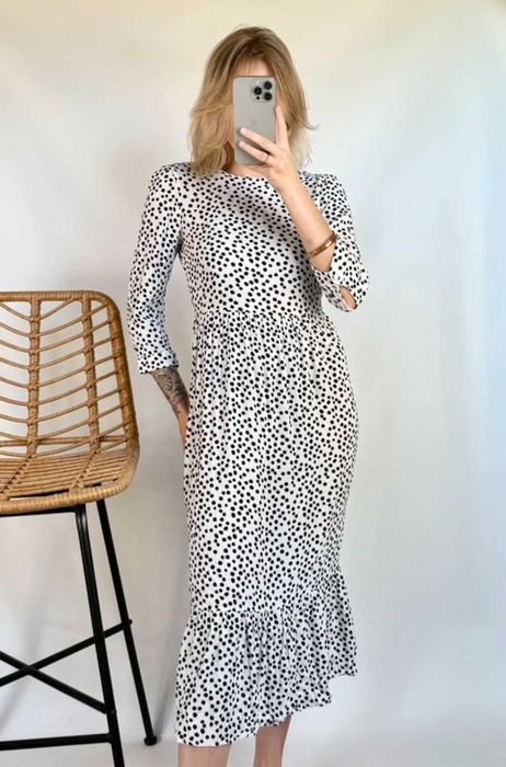 Zara blogerska sukienka z wiskozy w kropki grochy oversize luzna