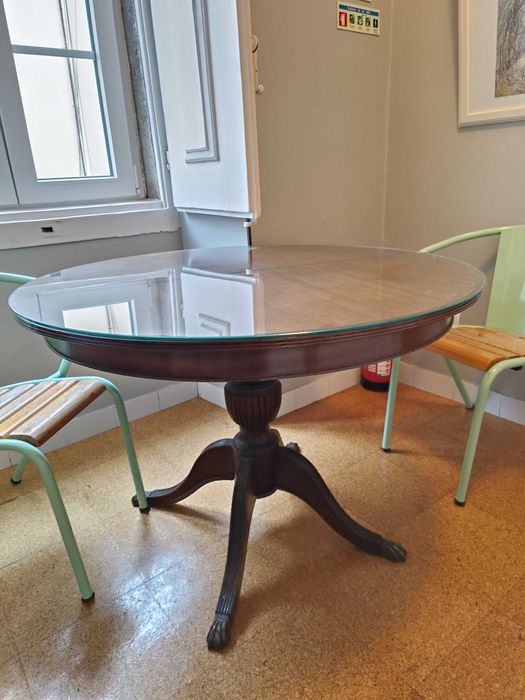 Mesa pé de galo antiga extensível, +tampo protetor em vidro temperado