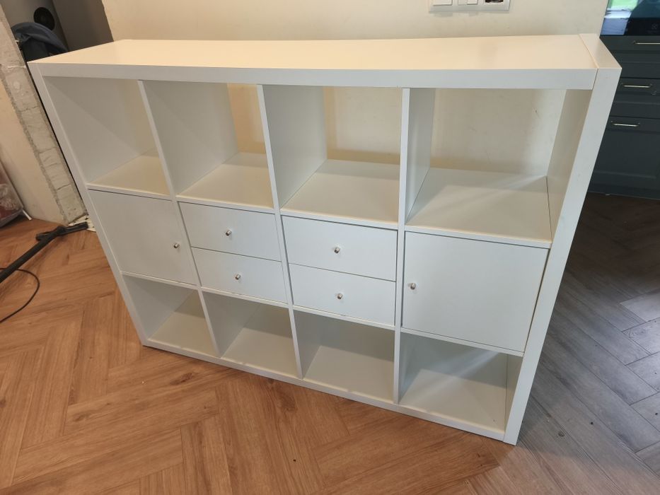 Regał IKEA KALLAX 3x4 biały + 4 wkłady (szuflady i drzwiczki) STAN BDB