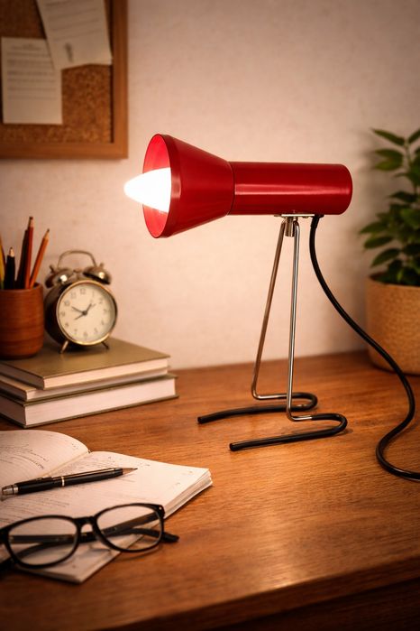 Lampa biurkowa PRL – AKA Typ 3140, czerwona, metalowa, Narva
