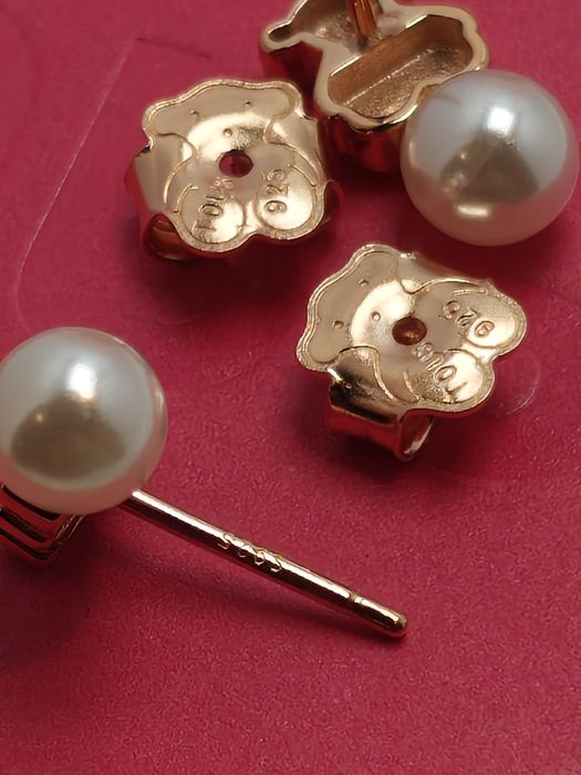 Kolczyki z misiem różowe srebro vermeil 925 z perłą