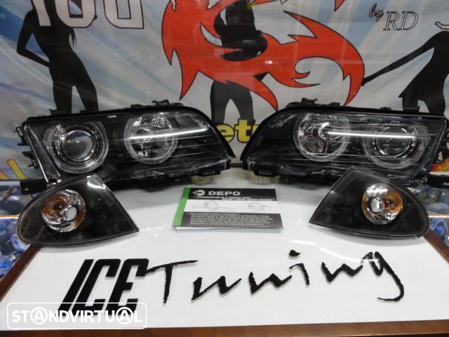 Farois frontais angel eyes para BMW E46 4 portas / limosine 98-01 fundo preto.