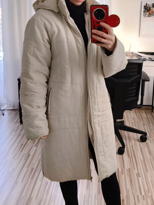 Kurtka damska, midi, parka beżowa, L
