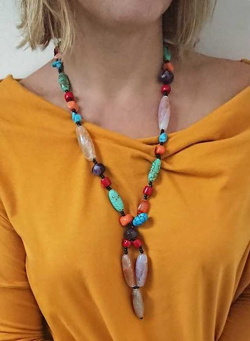 Naszyjnik handmade Agat, Koral, Ametyst, Turkus. Kamienie naturalne.