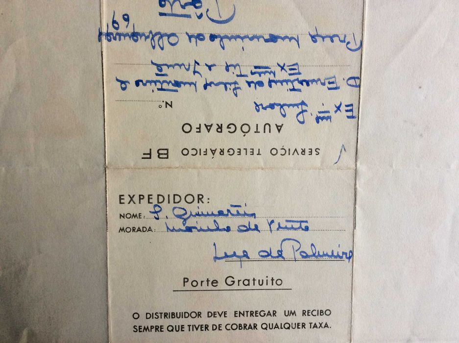 CTT Servico Telegrafico BF2A Autografo.Telegrama de Boas Festas, 195?