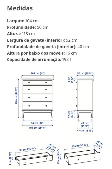 Cómoda Idanäs c/ 4 gavetas branco 104x118 cm