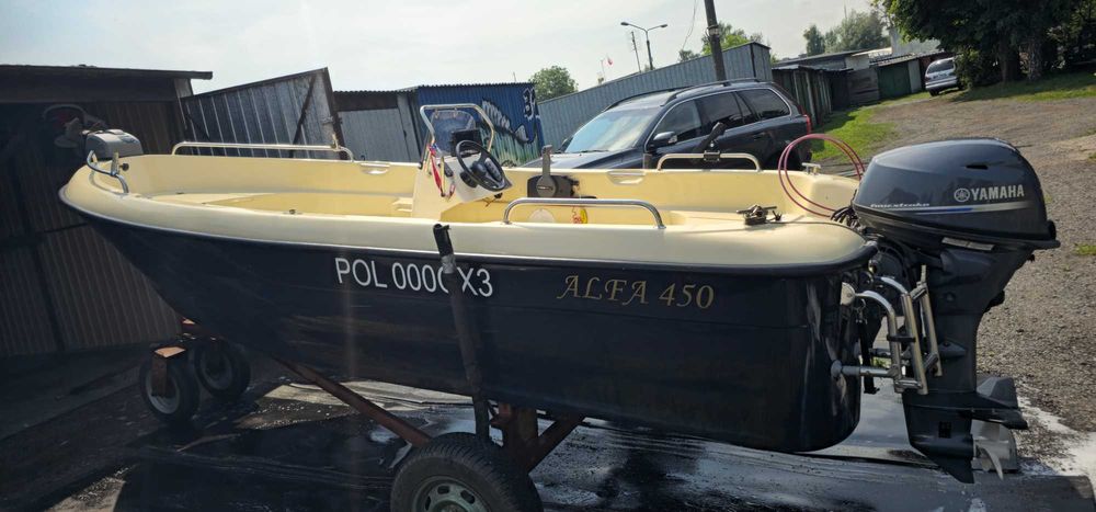 Łódź motorowa łódka wędkarska Alfa 450 + silnik yamaha 25getl + wózek slipowy