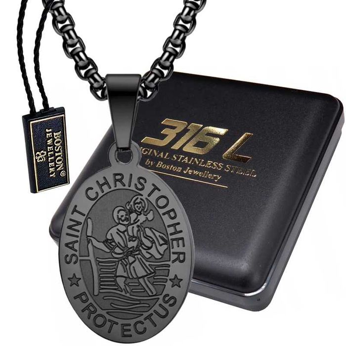Czarny Medalik Ze Świętym KRZYSZTOFEM Czarny Łańcuszek SPLOT KRÓLEWSKI