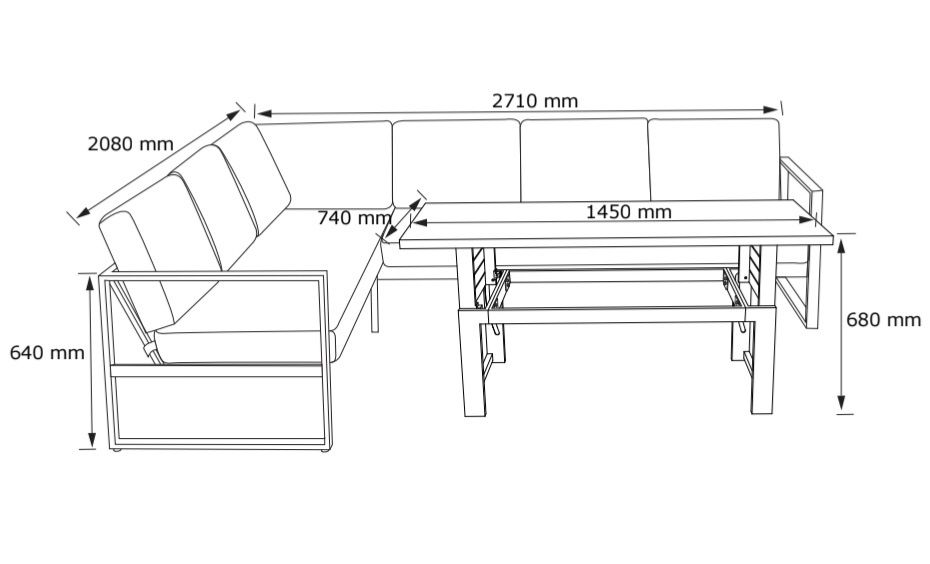 Zestaw Vonge  narożnik trzy osobowa sofa fotel  i stół z regulacją.