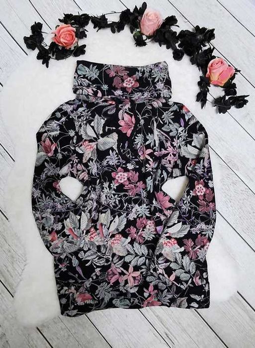 Medicine Czarna Bluza Komin Kieszenie Kolorowe Kwiaty Boho Retro