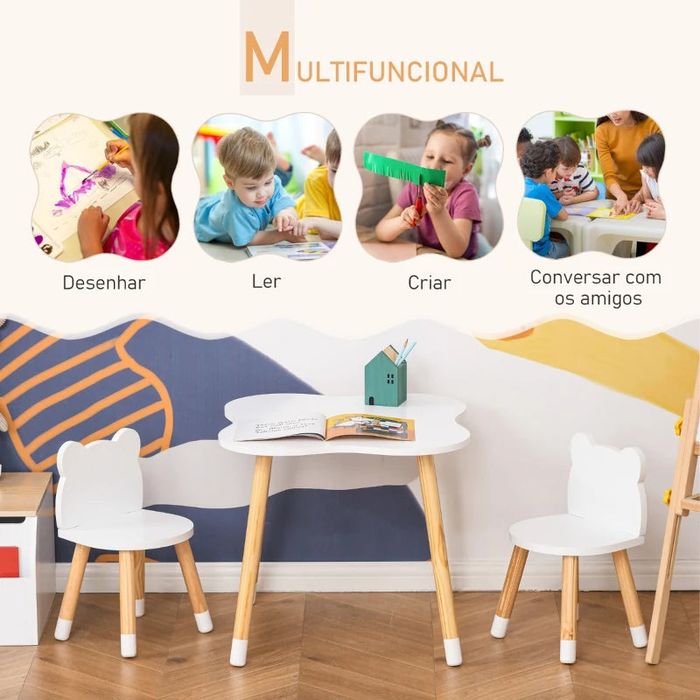 HOMCOM Conjunto Infantil de Mesa e 2 Cadeiras de Madeira Móveis Infant