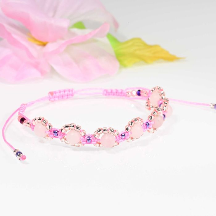 Bransoletka Kwarc różowy makrama Byk, Panna, Waga