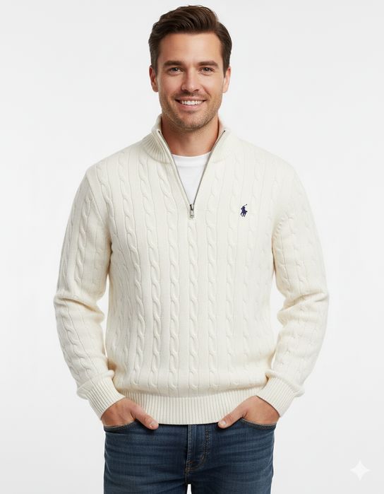 Sweter bawełniany z półgolfem biały logo Polo Ralph Lauren XL
