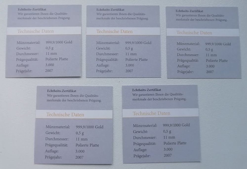 Німеччина 2007р. ЗОЛОТО. ПРУФ. Шикарний набір 5 марок! Сертифікати.