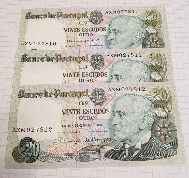 3 notas de 20 escudos com números seguidos