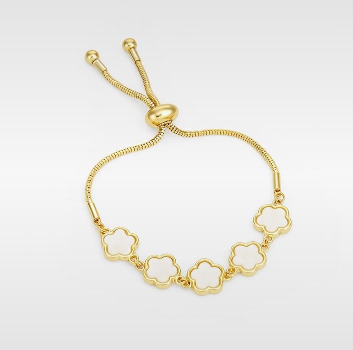 Pulseira Dourada Ajustável com Flores em Madre-Pérola