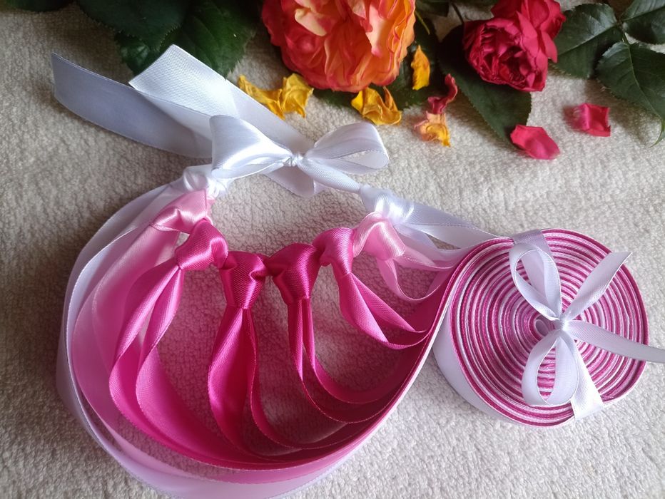 Ring oczepinowy 16 wstążek różowy zabawa weselna