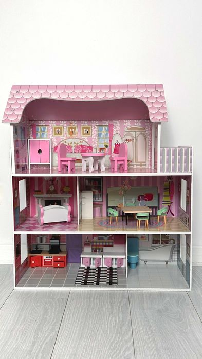 Drewniany domek dla lalek meble laleczki akcesoria