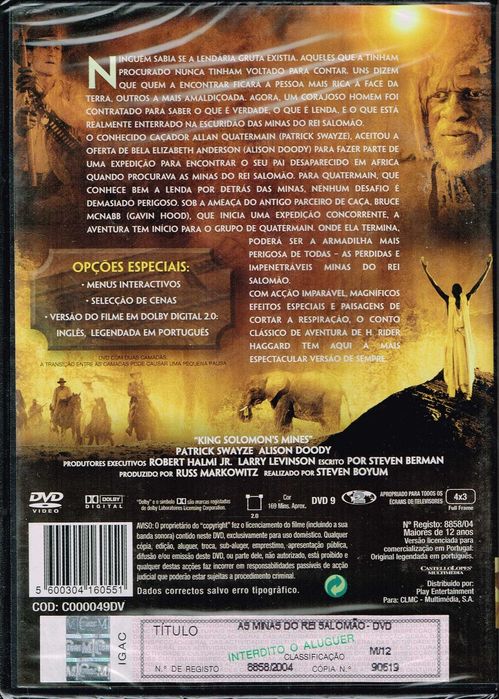 Filme em DVD: As Minas do Rei Salomão (Patrick Swayze) - NOVO! SELADO!