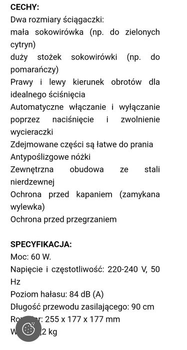 Wyciskarka do cytrusów 
Nierdzewna obudowa zewnętrzna
Praca dwustronna