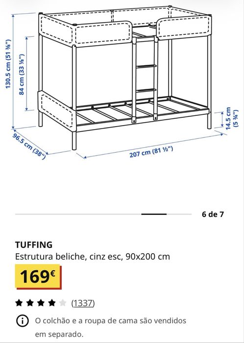 Beliche IKEA TUFFING 90x200 cm – Muito bom estado