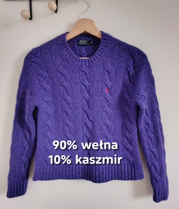 Sweter wełniany wool kaszmir fioletowy  warkocz Polo Ralph Lauren 34