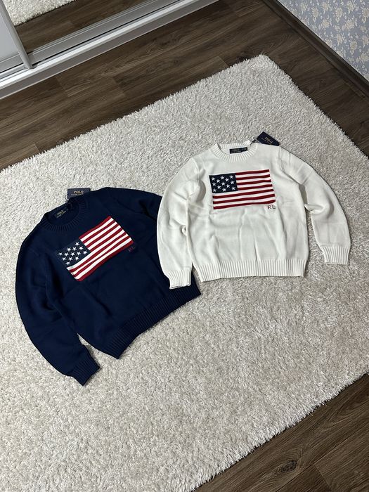 ❗️АКЦІЯ❗️Вязаний світер Polo Ralph Lauren , поло ральф лаурен,usa,з флагом,білий та синій светр поло на весну