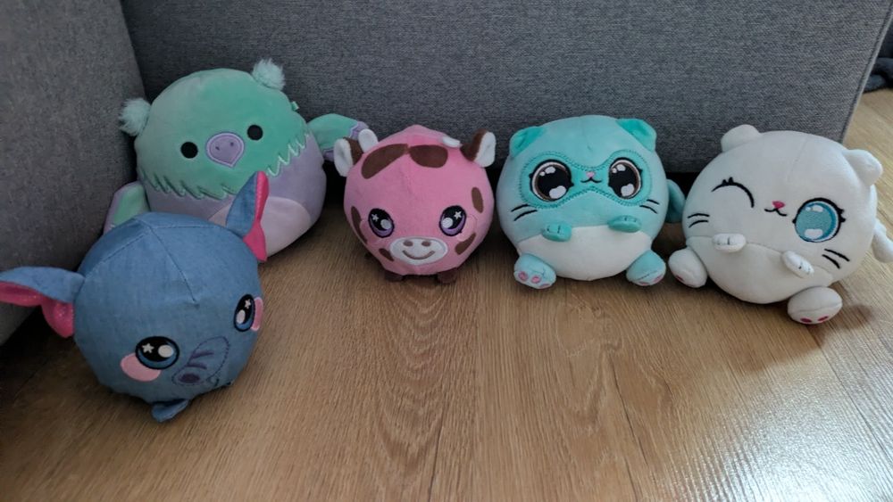 Kotki, słoń, krowa, squishmallows