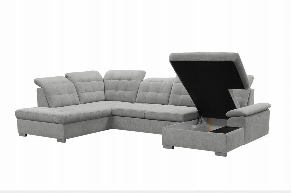 Narożnik U sofa grafit funkcja spania pojemnik regulowane zagłówki