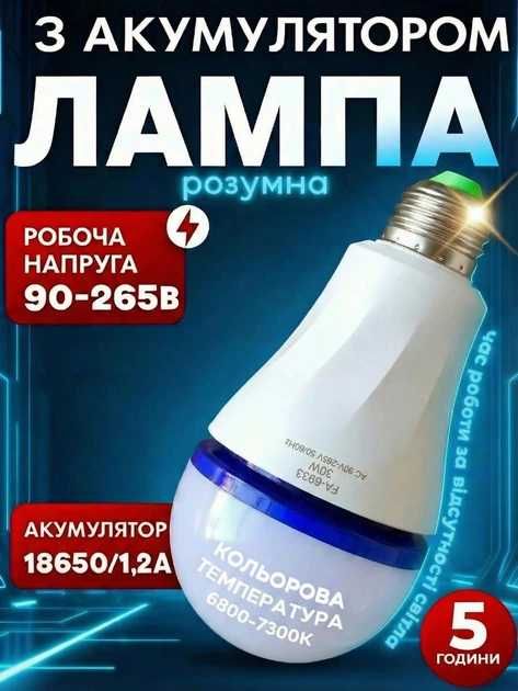Аварійна акумуляторна лампочка LED 30Вт Е27 3шт 18650 3,7В роздріб/опт