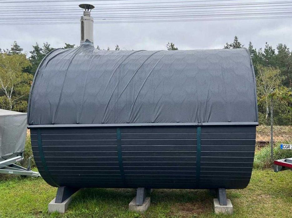 Sauna ogrodowa z piecem opalanym drewnem panorama ławeczka beczka 8 os