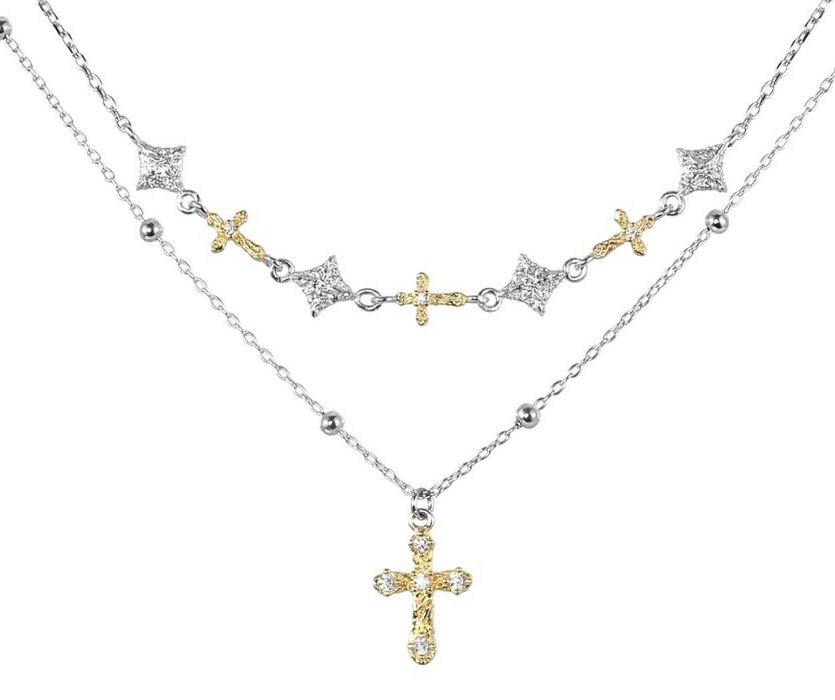 Colar Cruz Dupla – Prata 925 com Detalhes em Ouro e Estrelas