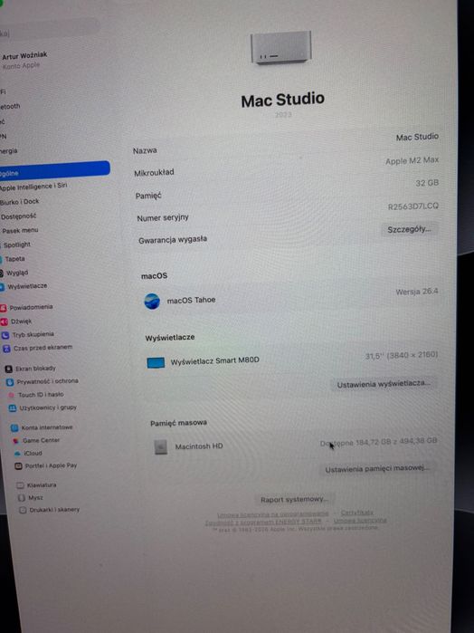Mac Studio M2 Max 32GB RAM 512 SSD 12CPU 30GPU + monitor Samsung M8 + Klawiatura Apple + Myszka Apple