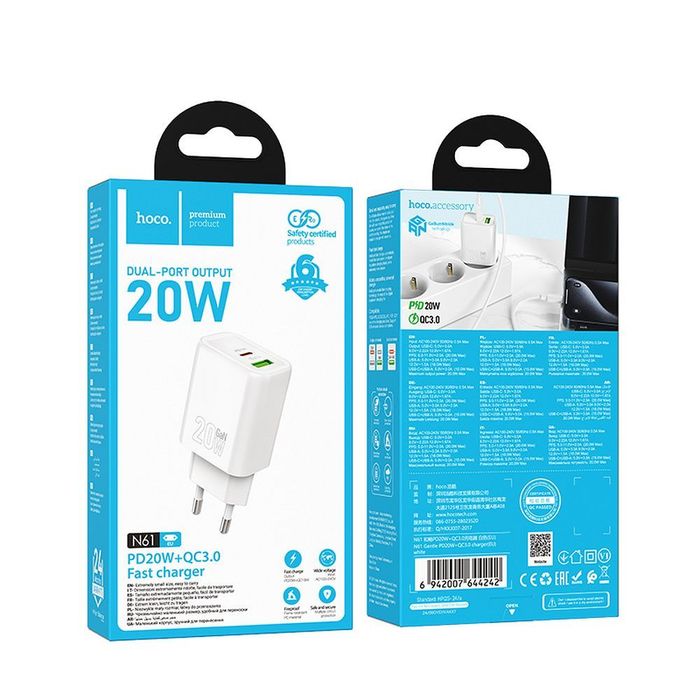 Ładowarka sieciowa do telefonu Hoco USB A + USB C QC3.0 PD 3A 20W N61 czarna