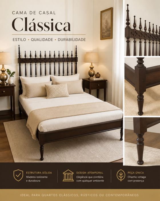Cama de Casal Clássica em Madeira Maciça – Elegante e Intemporal